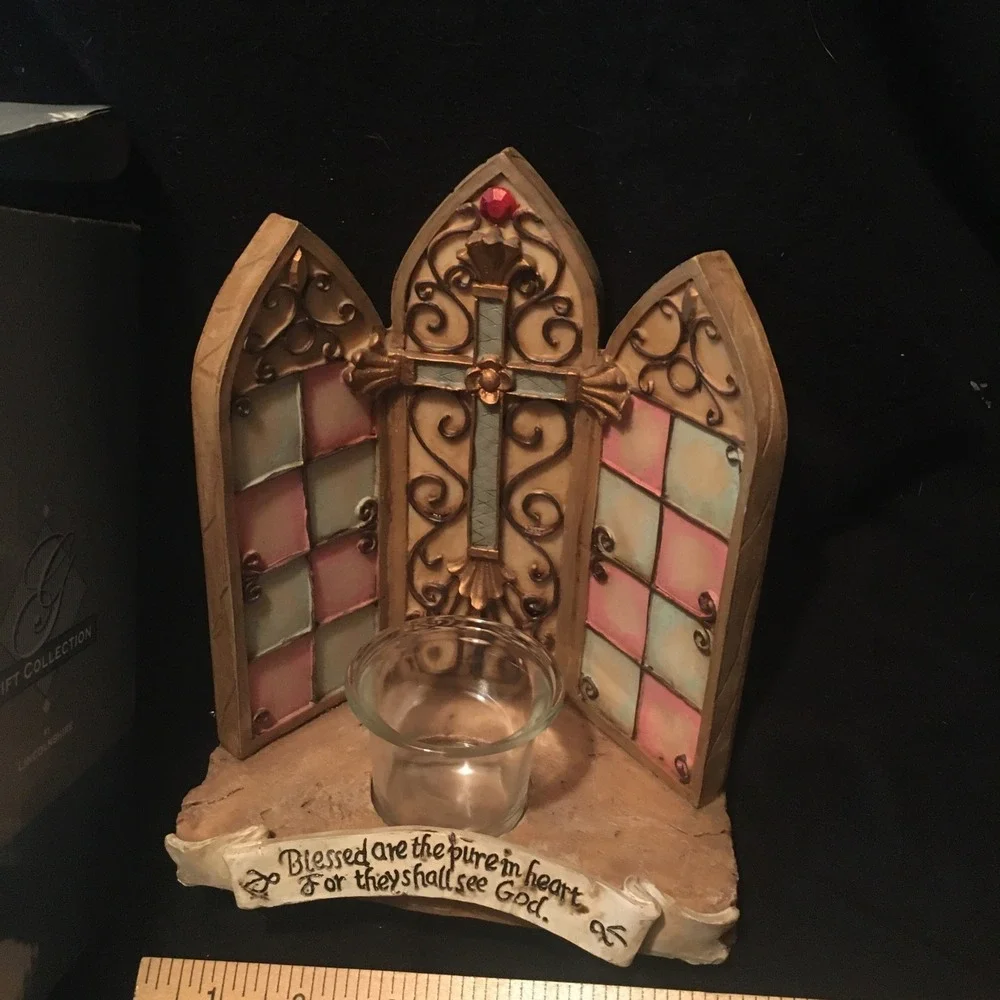 Vtg Stained Glass Cathedral Church Window Inspirational Verse Candle Holder